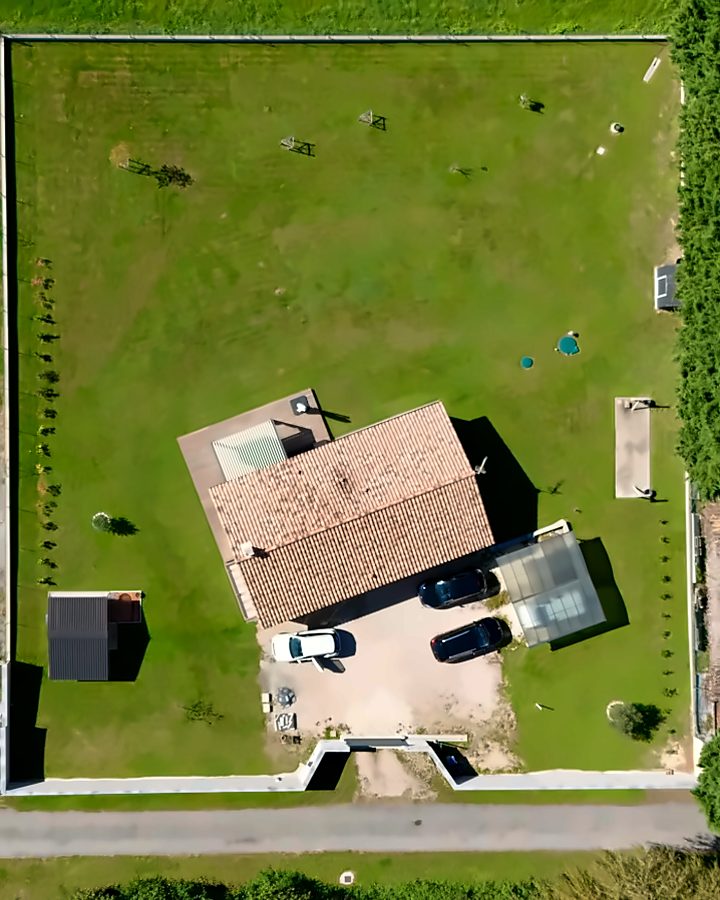 Vue au drone d'une maison avec jardin