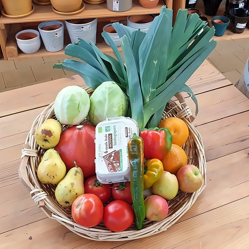 Panier de fruits, de légumes et d'œufs de producteurs locaux